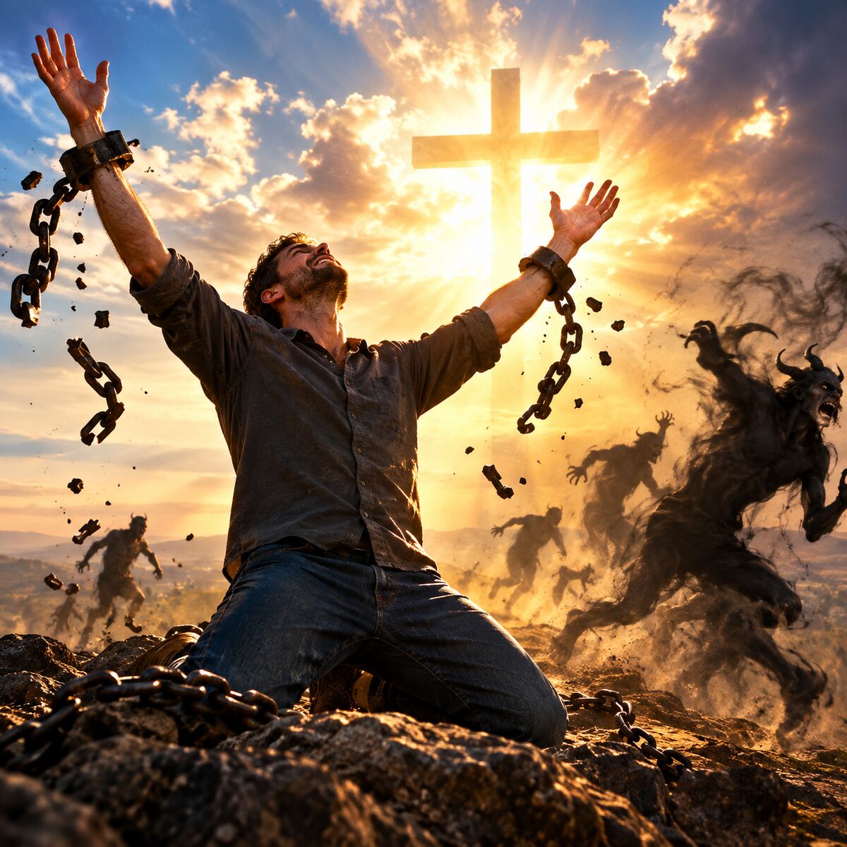 A man kneels on a rocky hilltop with arms raised toward a glowing cross, broken chains falling from his wrists while dark demonic figures flee into the smoke.